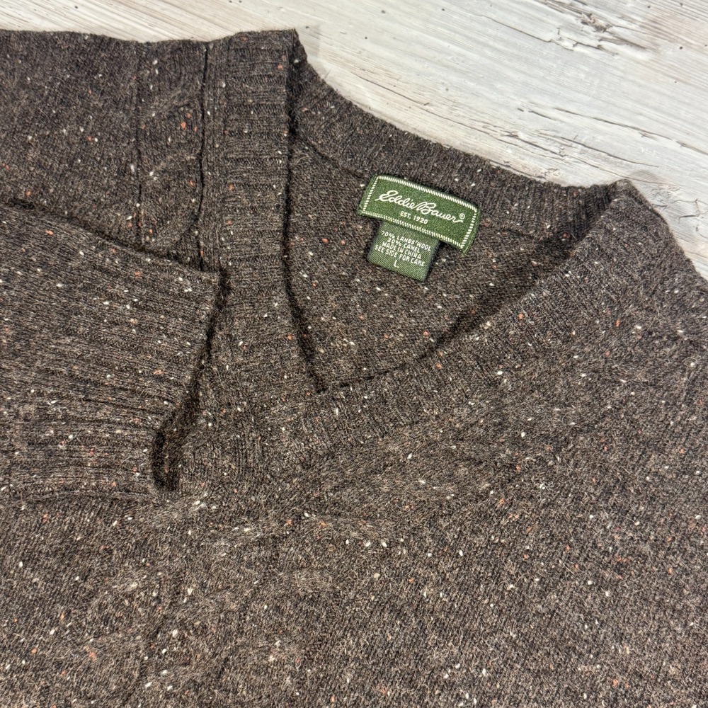 Eddie Bauer Sweater Mens L Brown Lambswool Camel Knit‎ Preppy Cable Pullover